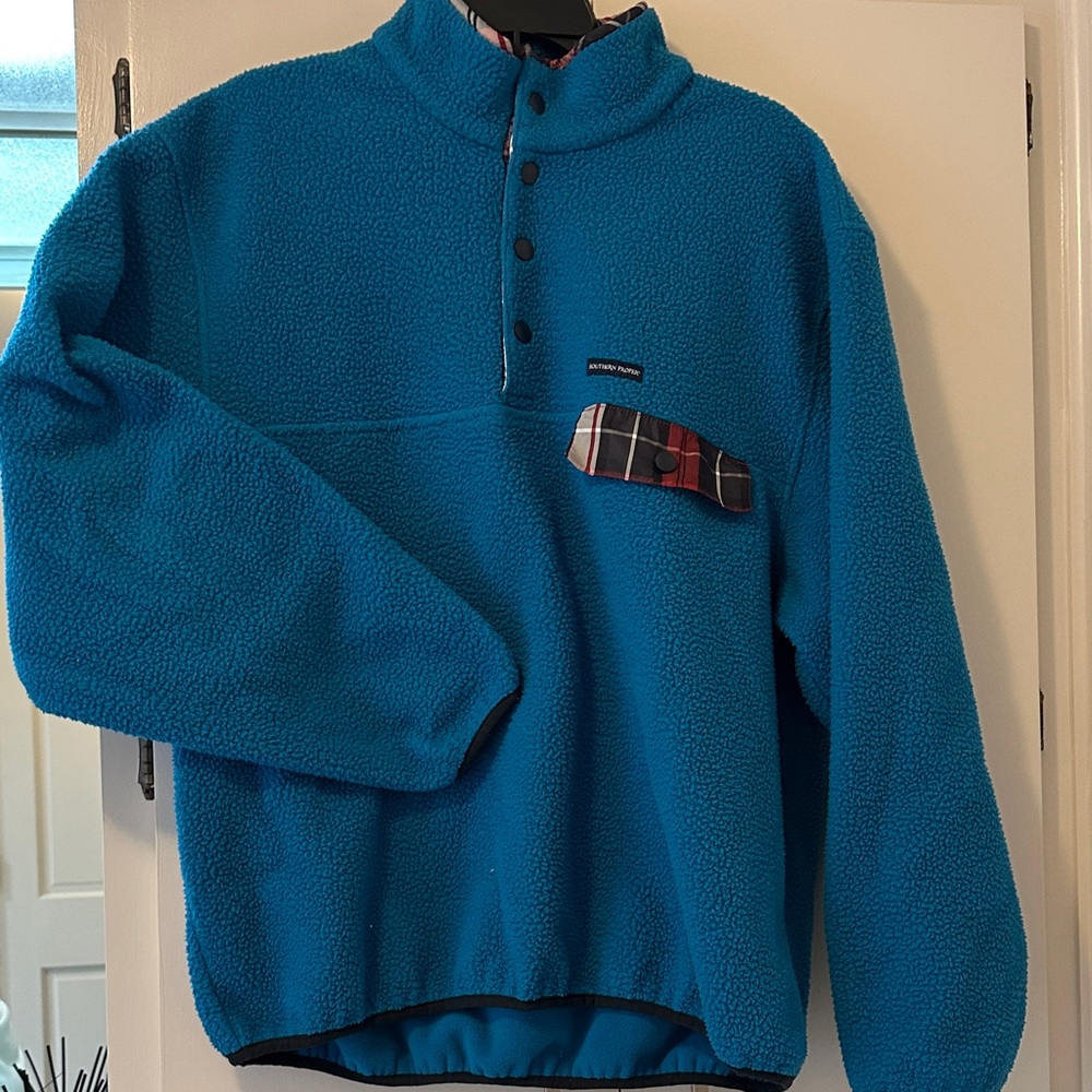 Southern Proper Teal Fleece with Plaid Trim